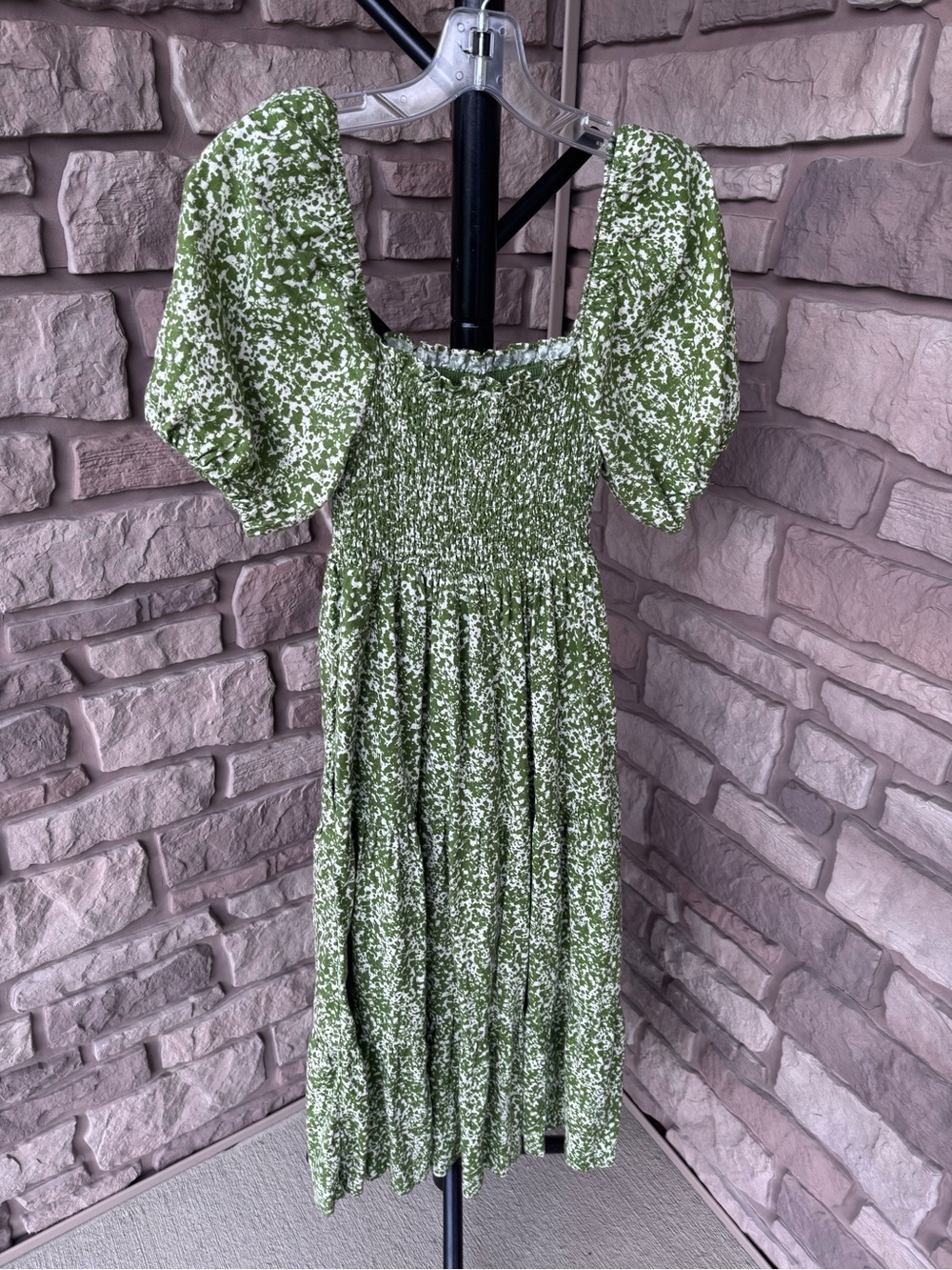 Abercrombie & Fitch Green Printed Linen Blend Puff Sleeve Dress - Picture 3 of 7